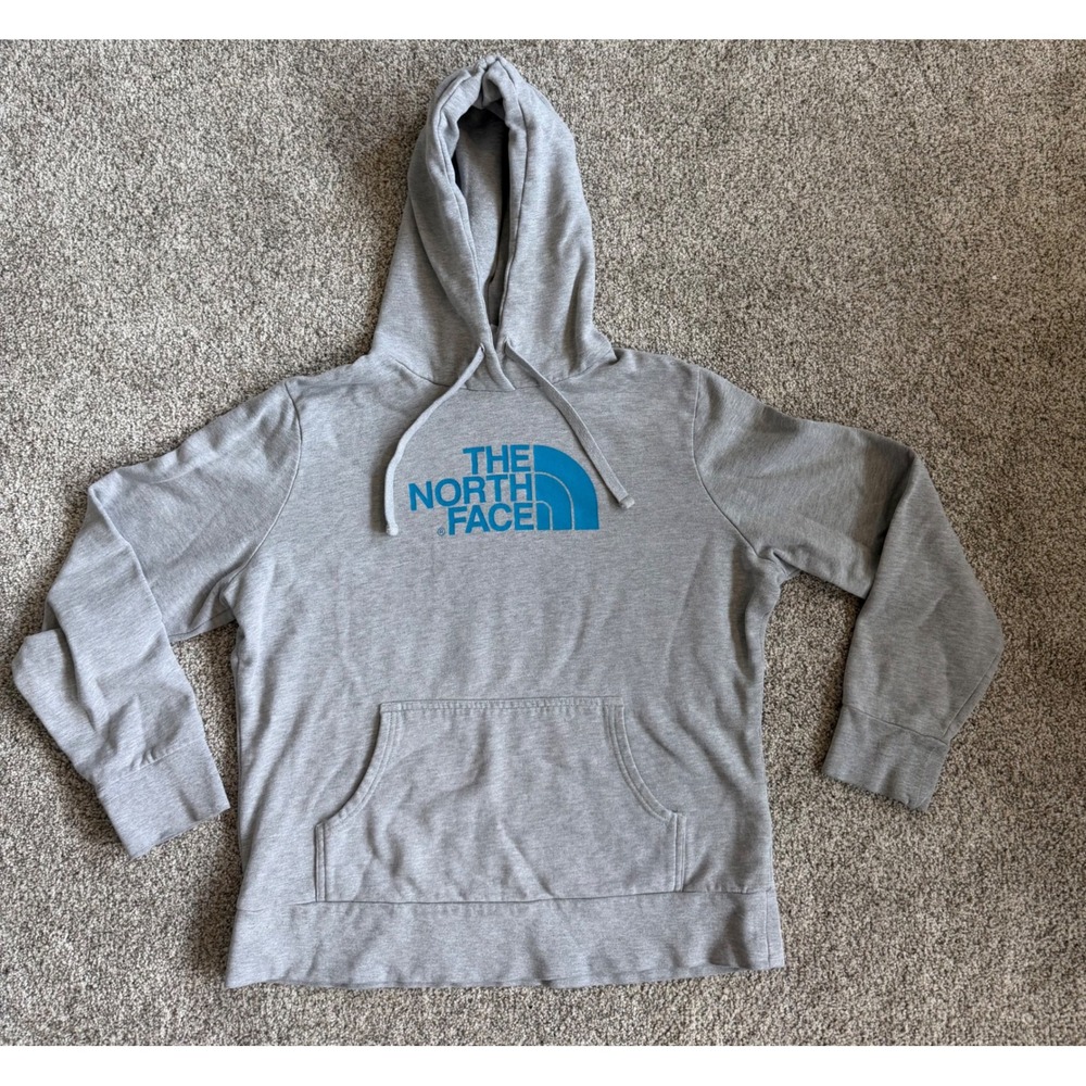 The North Face Womens Heather Grey Blue Logo Pullover Hoodie Sweatshirt Large